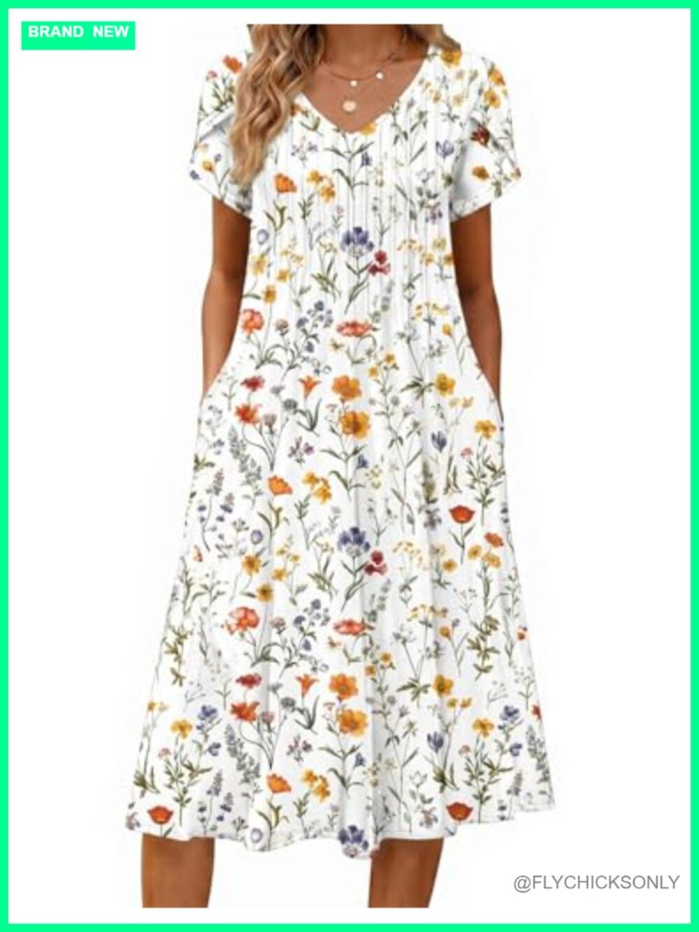 Casual Summer Midi Dress V-Neck Short Sleeve Pleated A-Line Flowy Boho Sundress